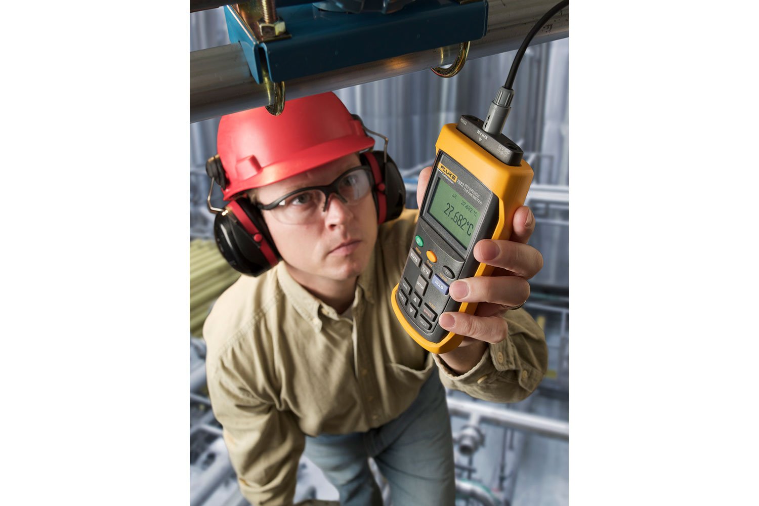 Fluke Calibration 1523 Reference Thermometer used in an industrial application.