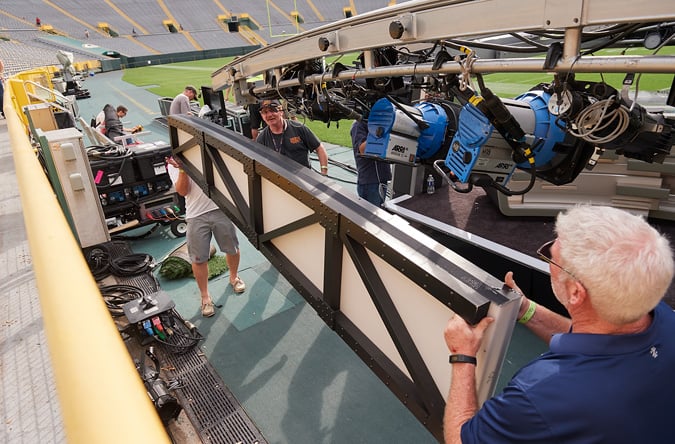 The stage used at the Green Bay game, called Eleanor by the crew, features a hydraulic roof