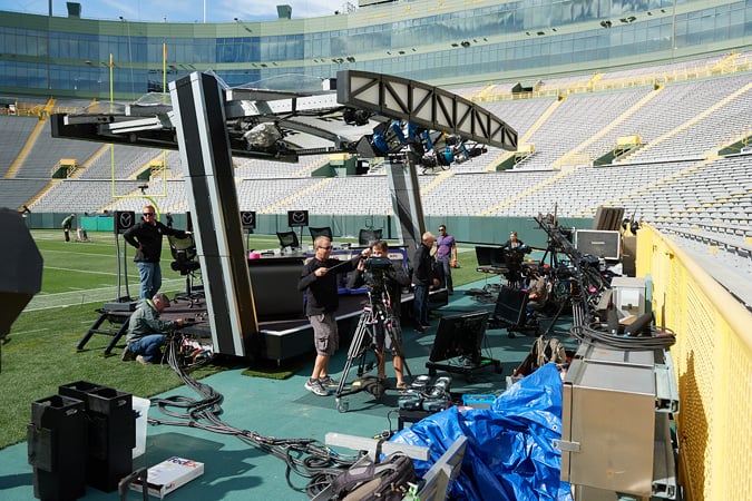 Filmwerks also provides broadcast stage solutions for sporting events. The crew collaborates with camera operators and local electricians to set up the stage.