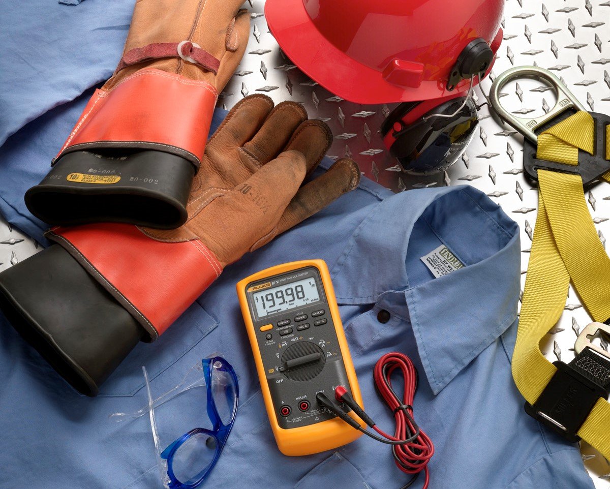 Basic PPE for electricians and solar PV technicians—includes the Fluke 87-V Industrial Multimeter