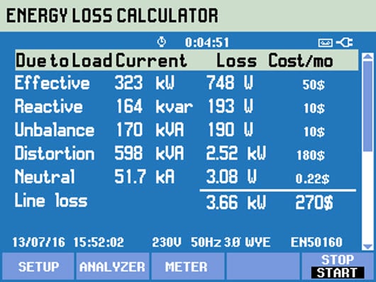 Экран калькулятора потерь энергии прибора Fluke 430 серии II