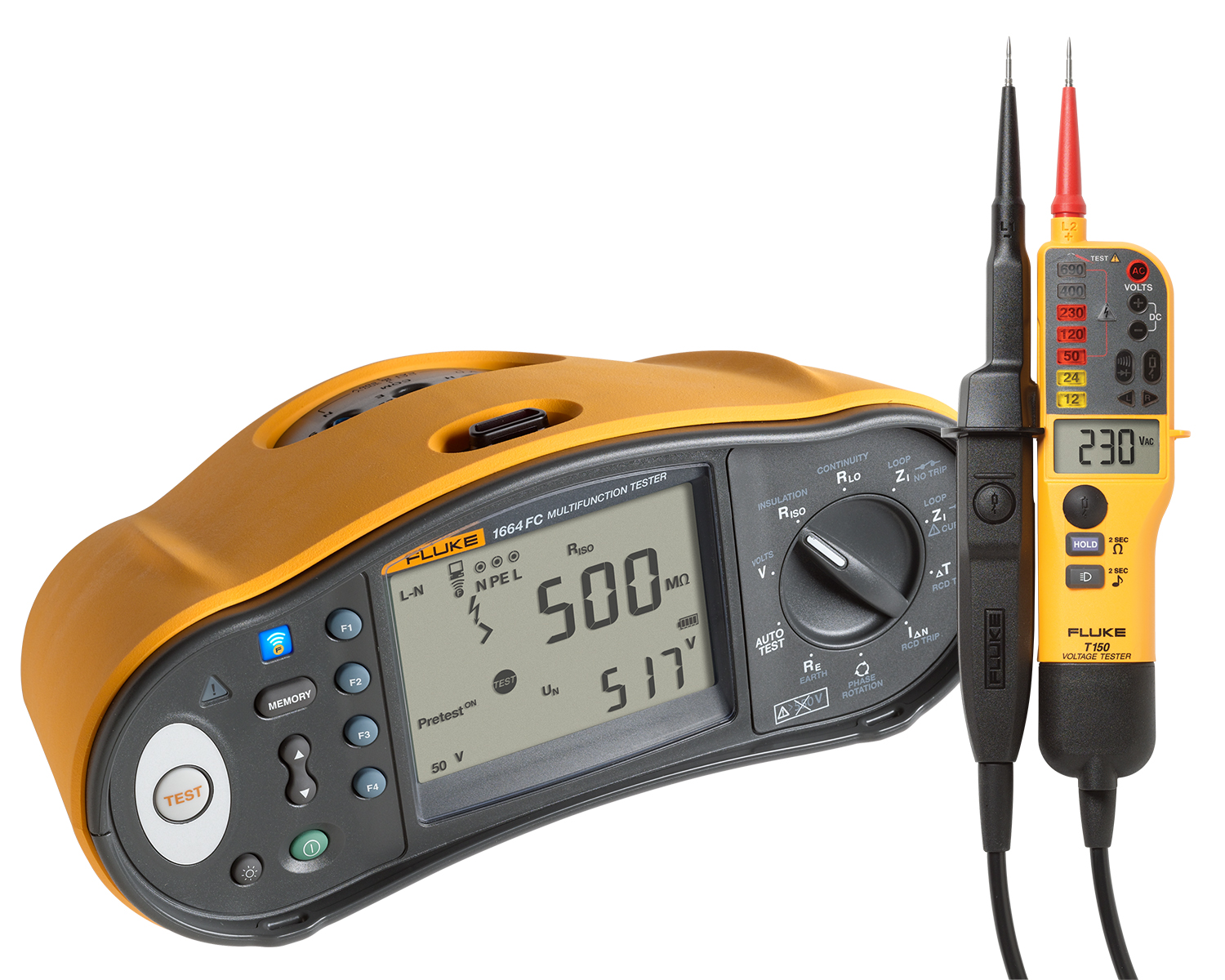 Fluke 1664 FC Multifunction Installation Tester plus a T150 Electrical Tester.