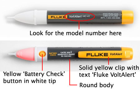 Diagram showing the location of the model number and the Battery Check button on the Fluke VoltAlert.