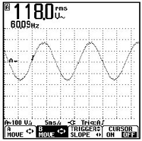 Osciloscopio que muestra la tensión de entrada de la línea de CA a la fuente de alimentación de CC