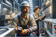 A woman holding a tablet and going through a HVAC tool list in a maintenance facility.  A woman holding a tablet and going through a HVAC tool list in a maintenance facility.