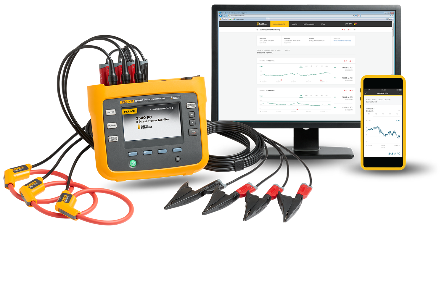 A Fluke 3540 FC Three-Phase Power Monitor and Fluke Connect software shown on a smart device and desktop.