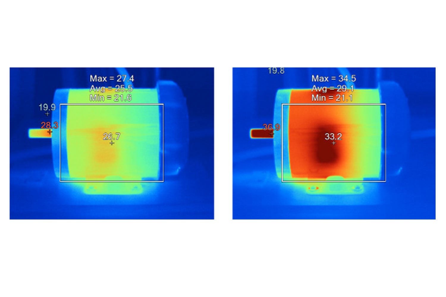 Imágenes térmicas comparando temperaturas de superficies de motores idénticos