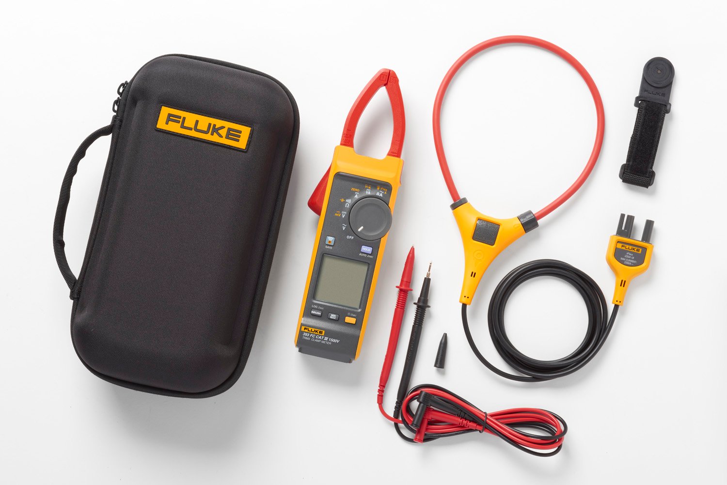 The Fluke 393 FC with test leads, iFlex flexible current probe, magnet holder, and carrying case