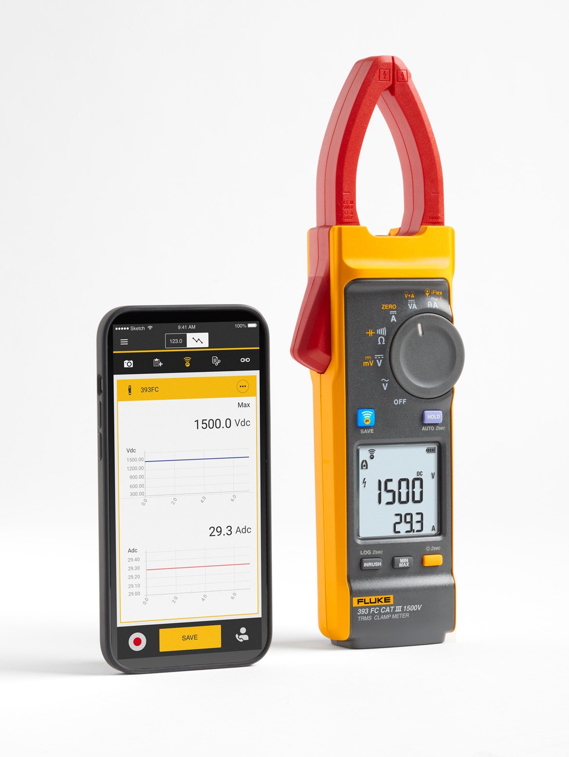 Picture of the Fluke 393 FC CAT III 1500 V True-rms Clamp Meter on the right and the Fluke Connect app displayed on a smartphone beside it on the left