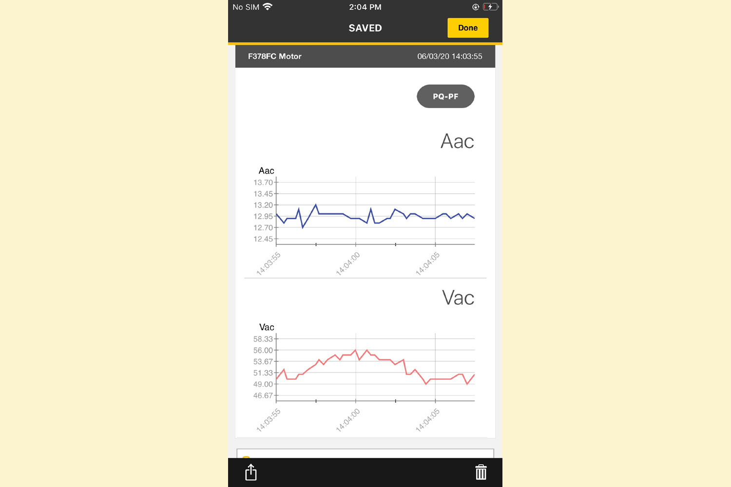 Fluke Connect allows you to see voltage and current displayed as concurrent graphs over time. 