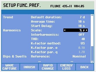 DC current measurements on the Fluke 435-II are accessed from the Harmonics menu.