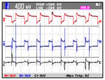 Figura 9. Esto muestra una captura de pantalla en el osciloscopio de una señal PWM del variador con reflejos excesivos (trazo de entrada B).
