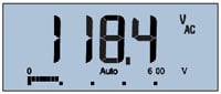 Digital multimeter displaying ac line input voltage that is within specification