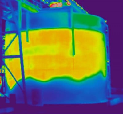 Sludge, liquid and gas visible in this thermal image of a large industrial tank