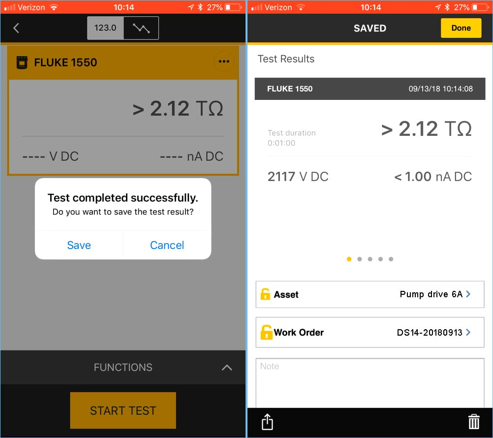 An example time test result from a Fluke 1550C FC as displayed by the Fluke Connect app on a mobile phone